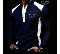 Polo a maniche lunghe in maglia waffle aggiornata per uomo, design a blocchi di colore con stampa della lettera Milano, colletto con bottoni in metallo, struttura testurizzata di nicchia, adatta per f