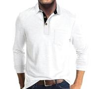 Polo A Maniche Lunghe T-Shirt Casual A Maniche Lunghe da Uomo Tinta Unita con Bottone Rever Pullover Rever Bottoming Polo-Bianco-XL