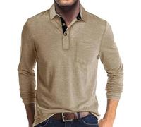 Polo A Maniche Lunghe T-Shirt Casual A Maniche Lunghe da Uomo Tinta Unita con Bottone Rever Pullover Rever Bottoming Polo-Albicocca-XXXL