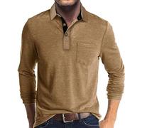 Polo A Maniche Lunghe T-Shirt Casual A Maniche Lunghe da Uomo Tinta Unita con Bottone Rever Pullover Rever Bottoming Polo-Khaki-XL