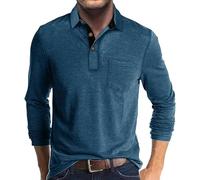 Polo A Maniche Lunghe T-Shirt Casual A Maniche Lunghe da Uomo Tinta Unita con Bottone Rever Pullover Rever Bottoming Polo-Blu-XXXL