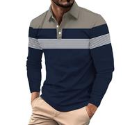 Polo a righe a maniche lunghe per gli uomini a righe camicia a blocchi di colore button down magliette moda casual camicette top, Polo a maniche lunghe blu per uomo, 3XL