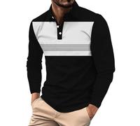 Polo a righe a maniche lunghe per uomo Camicia a blocchi di colore Top Button Down Colletto risvolto T-shirt Camicetta casual 2025, Bianco Manica Lunga Polo Per Uomo, M