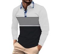 Polo a righe a maniche lunghe per uomo camicia con colletto a blocchi di colore top button down risvolto t-shirt camicetta casual, Bianco Manica Lunga Polo Per Uomo, L