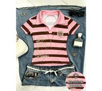 Polo a righe da donna in stile Y2K, maglietta a scollo a V rosa e marrone a maniche corte con stampa di lettere e cuori, top casual slim fit retrò, regalo perfetto per lei L,M,S,XLGeometricoTessuto in