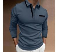 Polo casual da uomo a maniche lunghe con tasca, bottoni frontali e pannello a contrasto, colore blu, in cotone con colletto cadente, stile formale L,M,S,XL,XXLColore unicoTessuto in maglia