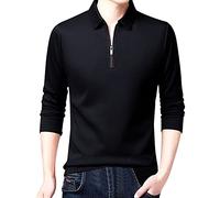 Polo casual da uomo, tinta unita, a maniche lunghe, con cerniera, vestibilità regolare, casual, Henley, abiti primaverili, per lavoro, vacanze, passeggiate all'aperto, Nero , XL