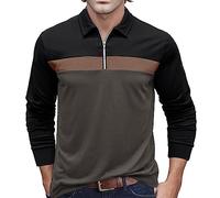 Polo casual da uomo, tinta unita, per autunno e inverno, alla moda, con risvolto, cerniera abbinata, a maniche lunghe, per lavoro, vacanze, passeggiate all'aperto, Grigio, L