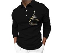 Polo casual da uomo, tinta unita, stampa natalizia, con bottoni, colletto rovesciato, maniche lunghe, camicetta per lavoro, vacanze, passeggiate all'aperto, Nero , XL