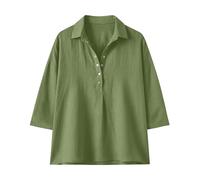 Polo da donna con bottoni, scollo a V, maglietta bianca da donna, maniche a 3/4, con colletto a risvolto, polo per il tempo libero, camicia in lino, camicia leggera e ariosa, casual, top estivo, Nero