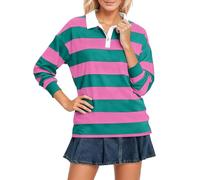 Polo da donna con colletto rovesciato e a righe, casual, classica a maniche lunghe, felpa Y2K, hipster, vintage, elegante, alla moda, traspirante, leggera, a maniche lunghe, O Rosa Caldo, L