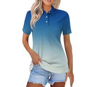 Polo da donna con gradiente di colore, casual, a maniche corte, da golf, con bottoni, da tennis, traspirante, per il tempo libero, sottile, estiva, taglie forti, Blu, S