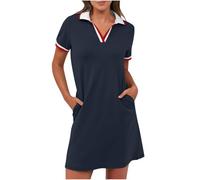 Polo da donna, estivo, con risvolto, lunghezza al ginocchio, per il tempo libero, a maniche corte, tinta unita, da golf, con tasche, leggero, comodo, sportivo, casual, da tennis, Blu marino, L