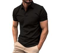 Polo da golf da uomo a maniche corte, a maniche corte, elasticizzata, casual, a coste, semplice, morbida, sportiva, tennis, golf, basic maglietta da uomo, Nero , L