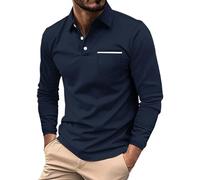 Polo da golf da uomo, a maniche lunghe, tinta unita, per lavoro, golf, tennis, palestra, allenamento, leggera, da corsa, sportiva, con 3 bottoni, Blu navy 1, 3XL