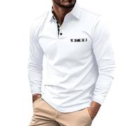 Polo da golf da uomo, a maniche lunghe, tinta unita, per lavoro, golf, tennis, palestra, allenamento, leggera, da corsa, sportiva, con 3 bottoni, Bianco 2, L