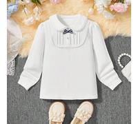 Polo da ragazza casual ed elegante con fiocco in pizzo e colletto Peter Pan, maglietta a maniche lunghe adatta per bambine di 3-12 anni, uniforme scolastica elementare, sottocamicia stile preppy, top 