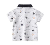 Polo da ragazzo con stampa giocosa con dinosauri alla moda, maglietta a maniche corte con colletto a contrasto e stampa all-over, maglietta casual per l'asilo e il tempo libero