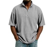 Polo da uomo a maniche corte con cerniera a un quarto e collo alto, felpa taglie forti pullover casual texture pullover maglione sciolto golf tee top, Grigio, 4XL