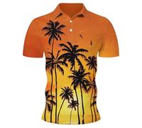 Polo da uomo a maniche corte con stampa tropicale di palme - Maglietta casual Henley per un look estivo al tramonto | Top per le vacanze con gradiente di colore, Stil_s01 arancione, XXL