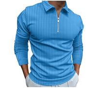 Polo da uomo a maniche lunghe, a costine, con cerniera, vestibilità aderente, con collo a zip, camicia da golf casual da lavoro, Polo a maniche lunghe blu per uomo, L