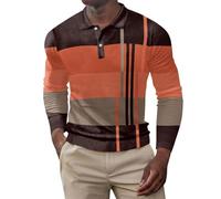 Polo da uomo a maniche lunghe a maniche lunghe con motivo a scacchi, blusa con bottoni, a maniche lunghe, da uomo, per lavoro, vacanze, passeggiate all'aperto, Arancione, XXL
