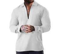 Polo da uomo a maniche lunghe a nido d'ape con cerniera a 1/4 con risvolto, con cerniera a un quarto, Bianco Manica Lunga Polo Per Uomo, XXL