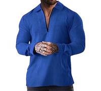 Polo da uomo a maniche lunghe a nido d'ape con cerniera a 1/4 con risvolto, con cerniera a un quarto, Polo a maniche lunghe blu per uomo, 3XL