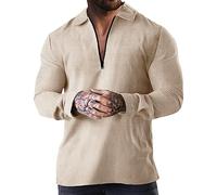 Polo da uomo a maniche lunghe a nido d'ape con cerniera a 1/4 con risvolto, con cerniera a un quarto, Polo a maniche lunghe cachi per uomo, XXL