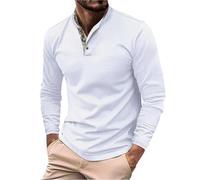 Polo da uomo a maniche lunghe a nido d'ape slim fit button down t-shirt casual autunno pullover top tinta unita camicette, Bianco Manica Lunga Polo Per Uomo, 3XL