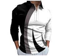 Polo da uomo a maniche lunghe a righe a blocchi di colore con cerniera 1/4 magliette casual slim fit maglietta da golf con colletto elasticizzato, Bianco Manica Lunga Polo Per Uomo, XXL