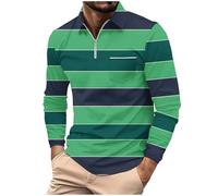 Polo da uomo a maniche lunghe a righe a blocchi di colore, con cerniera a un quarto e tasca pullover top, camicette casual, Green1 Polo a maniche lunghe da uomo, M