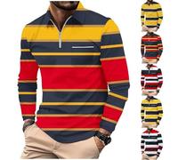 Polo da uomo a maniche lunghe a righe a blocchi di colore, pullover top con tasca con zip a quarto rovesciamento t-shirt camicetta, Z02-white Polo Uomo, L