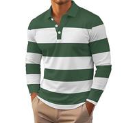 Polo da uomo a maniche lunghe a righe orizzontali a blocchi di colore in cotone button down camicia pullover top camicette, Polo a maniche lunghe verde per uomo, XL