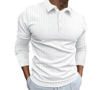 Polo da uomo a maniche lunghe a righe verticali in maglia con bottoni magliette autunno pullover top tinta unita camicette, Bianco Manica Lunga Polo Per Uomo, XL