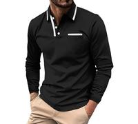 Polo da uomo a maniche lunghe basic con bottoni, in cotone leggero, con tasca, Nero , S