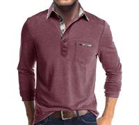 Polo da uomo a maniche lunghe, colore a contrasto, leggera, a maniche lunghe, con tasca, classica, con colletto per il tempo libero, basic, da golf, traspirante, con bottoni, basic, Colore: rosso, XXL