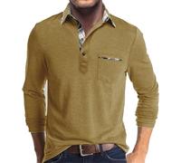 Polo da uomo a maniche lunghe, colore a contrasto, leggera, a maniche lunghe, con tasca, classica, con colletto per il tempo libero, basic, da golf, traspirante, con bottoni, basic, giallo., 3XL