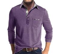 Polo da uomo a maniche lunghe, colore a contrasto, leggera, a maniche lunghe, con tasca, classica, per attività all'aperto, casual, da golf, maglietta estiva, traspirante, con bottoni, basic, Lilla, M