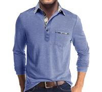 Polo da uomo a maniche lunghe, colore a contrasto, leggera, a maniche lunghe, con tasca, classica, per attività all'aperto, casual, da golf, maglietta estiva, traspirante, con bottoni, basic, Azzurro,