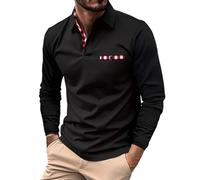 Polo da uomo a maniche lunghe con bottoni, vestibilità regolare, moda da uomo, primavera e autunno, casual, tinta unita, a maniche lunghe, per lavoro, vacanze, passeggiate all'aperto, Nero , S