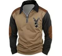 Polo da uomo a maniche lunghe con cerniera a un quarto di lunghezza, camicia da trekking con grafica di cervo e toppe rinforzate sui gomiti, morbida
