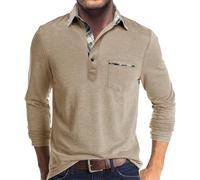 Polo da uomo a maniche lunghe, con colletto a contrasto e tasca, non necessita di stiratura, per il tempo libero, traspirante, leggera, in tinta unita, vestibilità regolare, facile da pulire, ad