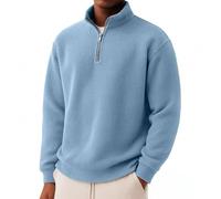 Polo da uomo, a maniche lunghe, con colletto alto e chiusura a strappo, a maniche lunghe, in maglia a coste, mezza zip, per il tempo libero, per tutti i giorni, 01 azzurro cielo., XXL