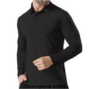 Polo da uomo a maniche lunghe con colletto, polo classica in cotone con bottoni, comoda, leggera, traspirante, tinta unita, per campagne estive casual da jogging, Nero , XL