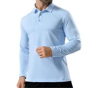 Polo da uomo a maniche lunghe con colletto, polo classica in cotone con bottoni, comoda, leggera, traspirante, tinta unita, per campagne estive casual da jogging, blu cielo, XS