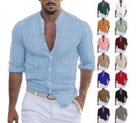 Polo da uomo a maniche lunghe con scollo a V Camicia da uomo a righe in lino e cotone casual con bottoni camicie comode di lunga durata Top formali facili da stirare Top Muscle Fit Top quotidiano
