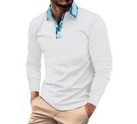 Polo da uomo a maniche lunghe con stampa con risvolto e colletto da golf, camicia con bottoni, alla moda, camicetta casual, Bianco Manica Lunga Polo Per Uomo, XXL