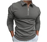 Polo da uomo a maniche lunghe da uomo, casual, autunnale, in tessuto a righe, con cerniera, colletto rovesciato, maniche lunghe, top formale per lavoro, vacanze, passeggiate all'aperto, Grigio, 3XL