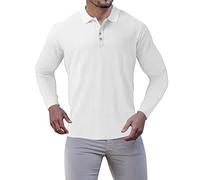 Polo da uomo a maniche lunghe in maglia a coste maglione t-shirt button down camicia casual business texture pullover top, Bianco Manica Lunga Polo Per Uomo, XXL